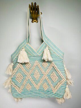 Boho Striped Cotton Tote With Tassels & Textured Diamond Pattern Beige & Teal La